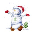 Watercolor cartoon illustration. Happy snowman rejoices in the first snow.