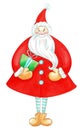 Watercolor cartoon illustration of Santa Claus character with Christmas gifts. Cute fairy tale Santa Claus. Watercolor Royalty Free Stock Photo