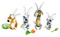 Watercolor cartoon illustration. Set of cute cartoon dogs in bunny costumes.