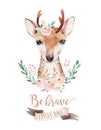 Watercolor cartoon isolated cute baby deer animal with flowers. Forest nursery woodland illustration. Bohemian boho Royalty Free Stock Photo