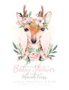 Watercolor cartoon isolated cute baby deer animal with flowers. Forest nursery woodland illustration. Bohemian boho Royalty Free Stock Photo