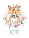 Watercolor cartoon isolated cute baby fox animal with flowers. Forest nursery woodland illustration. Bohemian boho Royalty Free Stock Photo