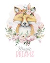 Watercolor cartoon isolated cute baby fox animal with flowers. Forest nursery woodland illustration. Bohemian boho Royalty Free Stock Photo