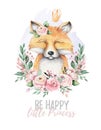 Watercolor cartoon isolated cute baby fox animal with flowers. Forest nursery woodland illustration. Bohemian boho Royalty Free Stock Photo