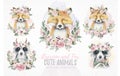 Watercolor cartoon isolated cute baby fox and raccoon animal with flowers. Forest nursery woodland illustration