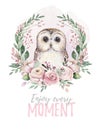 Watercolor cartoon isolated cute baby owl animal with flowers. Forest nursery woodland illustration. Bohemian boho Royalty Free Stock Photo