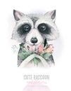 Watercolor cartoon isolated cute baby raccoon animal with flowers. Forest nursery woodland illustration. Bohemian boho