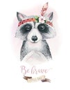 Watercolor cartoon isolated cute baby raccoon animal with flowers. Forest nursery woodland illustration. Bohemian boho Royalty Free Stock Photo