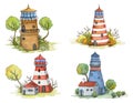 Watercolor cartoon lighthouses set with trees and plants. Fairytale landscape.