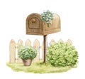 Watercolor cartoon mailbox, bush, fence and flower pot on green meadow