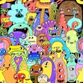 Watercolor cartoon monster seamless pattern illustration. Funny colorful background