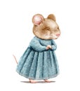 Watercolor cartoon mouse in dress closed eyes and blows