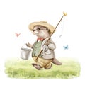 Watercolor cartoon otter in vintage outfit goes with fishing rod, bucket and butterflies on green grass