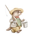 Watercolor cartoon otter in vintage outfit goes with fishing rod and bucket