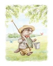 Watercolor cartoon otter in vintage outfit goes with fishing rod on green landscap