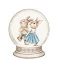 Watercolor cartoon pair bunnies in clothes dancing in snow globe