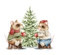 Watercolor cartoon pair of mice in clothes drink and sit on stumps near the Christmas tree