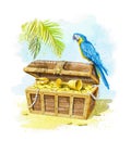 Watercolor cartoon parrot and open chest with pirate treasures on treasure Island