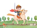 Watercolor cartoon prince rides a white horse. Kiddish illustration of the cartoon horse galloping across the field. Royalty Free Stock Photo