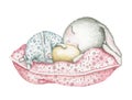 Watercolor cartoon rabbit in pajamas sleeps on pillow and hugs easter egg