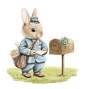 Watercolor cartoon rabbit postman with mail bag near mailbox on grass
