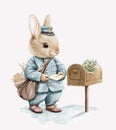 Watercolor cartoon rabbit postman puts Christmas letter in mailbox