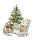 Watercolor cartoon rocking chair, knitting basket, bench and Christmas tree
