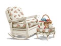 Watercolor cartoon rocking chair, wicker basket for knitting and Christmas sock on vintage bench