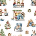 Watercolor cartoon seamless pattern with Christmas animals and objects composition Royalty Free Stock Photo