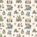 Watercolor cartoon seamless pattern with Christmas animals and objects composition Royalty Free Stock Photo
