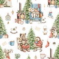 Watercolor cartoon seamless pattern with Christmas animals and objects Royalty Free Stock Photo