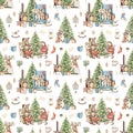 Watercolor cartoon seamless pattern with Christmas animals and objects Royalty Free Stock Photo