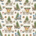 Watercolor cartoon seamless pattern with Christmas objects composition Royalty Free Stock Photo
