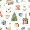 Watercolor cartoon seamless pattern with Christmas objects Royalty Free Stock Photo