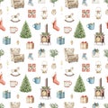 Watercolor cartoon seamless pattern with Christmas objects Royalty Free Stock Photo