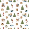 Watercolor cartoon seamless pattern with Christmas objects Royalty Free Stock Photo