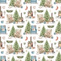 Watercolor cartoon seamless pattern with Christmas objects Royalty Free Stock Photo