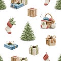 Watercolor cartoon seamless pattern with Christmas objects Royalty Free Stock Photo