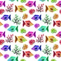 Watercolor cartoon seamless pattern marine life: fish, bubbles, corals and shells