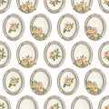 Watercolor cartoon seamless pattern with orange flowers roses in oval silver frames