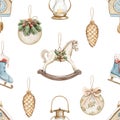 Watercolor cartoon seamless pattern with vintage Christmas decorations toys Royalty Free Stock Photo