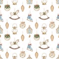 Watercolor cartoon seamless pattern with vintage Christmas decorations toys Royalty Free Stock Photo