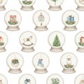 Watercolor cartoon seamless pattern with vintage Christmas decorations toys in snow globe Royalty Free Stock Photo