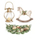 Watercolor cartoon set with rocking horse, vintage lantern and Christmas wreath