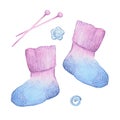 Watercolor cartoon socks and knitting accessories. Vector illustration