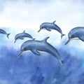 Watercolor cartoon swimming dolphins isolated on white background. Sea illustration can be used for kids room decor, kids print,