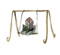 Watercolor cartoon swing for fairy made from leaves.