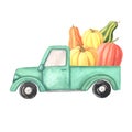 Watercolor cartoon truck with harvest Royalty Free Stock Photo