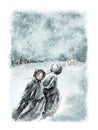 Watercolor cartoon two girls walk together through a snowstorm to church at night