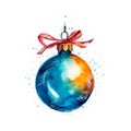 Watercolor vintage Christmas tree toy ball. Iillustration isolated on white background